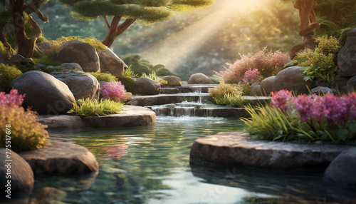 Zen-inspired 3D garden with flowing water and tranquil stones  ideal for meditation and tranquility