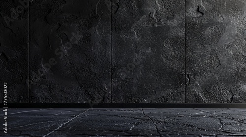 A minimalist room featuring a black concrete wall and floor. Background.