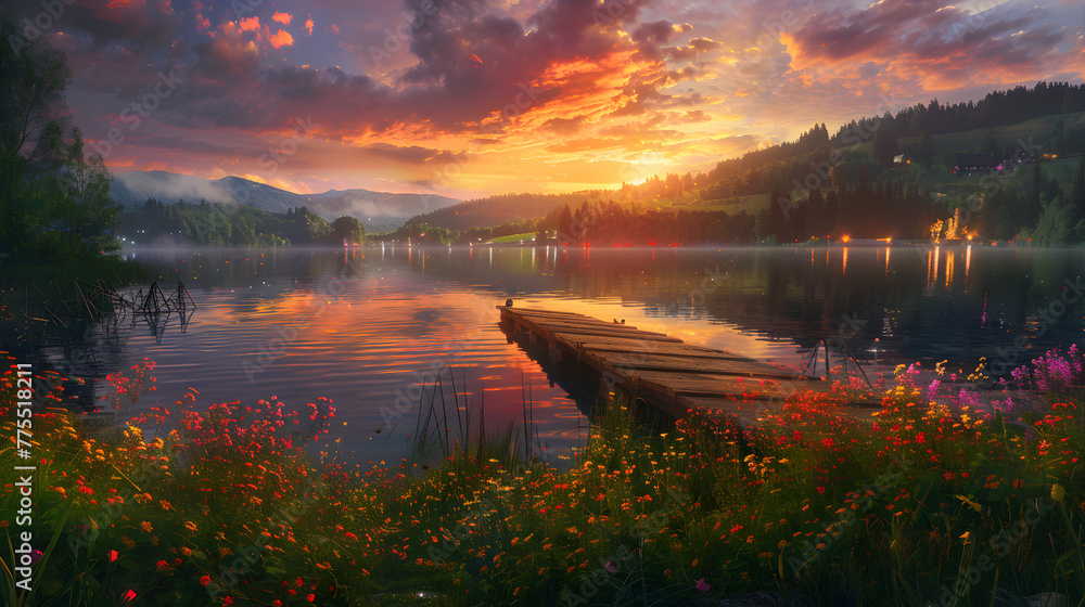 Enchanting Sunset Over Serene Lake Amidst Verdant Forest Landscape: A haven of tranquility - obrazy, fototapety, plakaty 