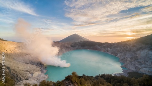 aerial view of beautiful ijen volcano with acid lake and sulfur gas going from crater indonesia