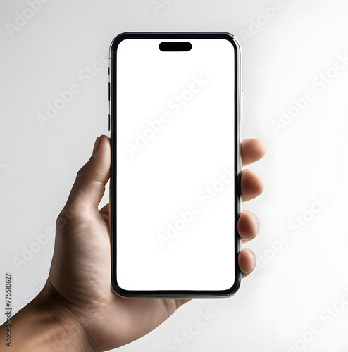 Front view of iPhone 15 Pro mockup with transparent screen in hand on transparent png background, smartphone in hand with transparent screen, png mockup for any background and any image on the screen photo