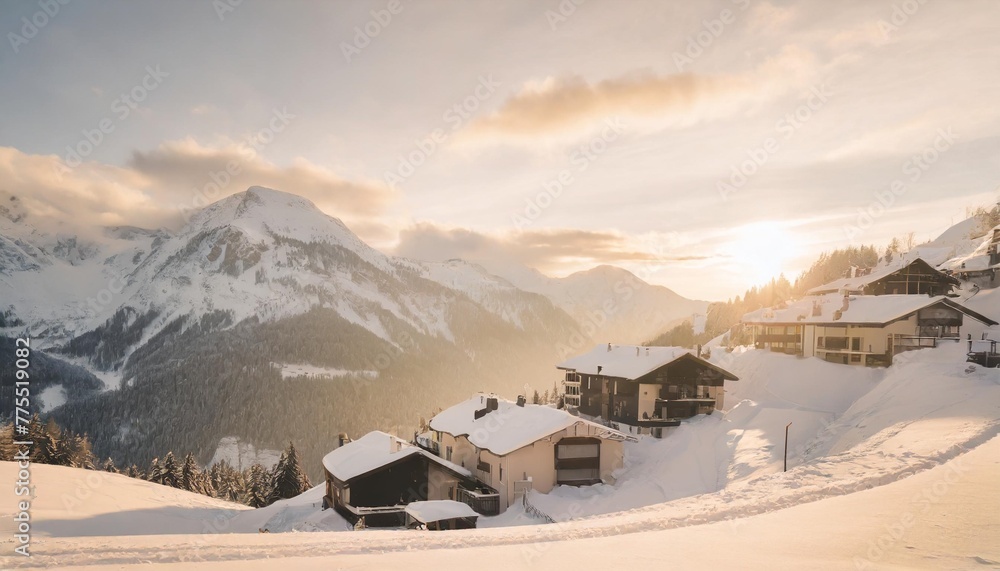 winter mountain resort background scenery hotels of alps on snowy winter landscape vacation travelling concept copy space alpine panoramic view generative ai
