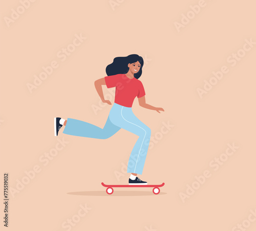 A woman rides a skateboard.