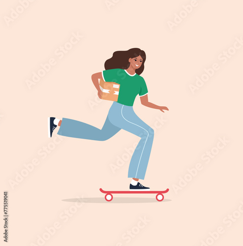 A woman rides a skateboard and holds a package.