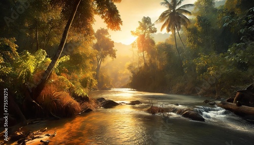 river flowing through a tropical forest illustration on the theme of nature and elements plants and climate ecology and travel generative ai