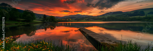 Enchanting Sunset Over Serene Lake Amidst Verdant Forest Landscape: A haven of tranquility