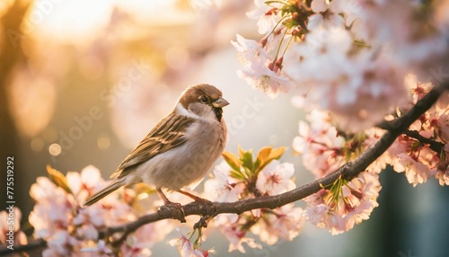 close up cute sparrow bird in warm spring time on cherry blossom tree branch idea for romantic lovely animal background generative ai © Ryan