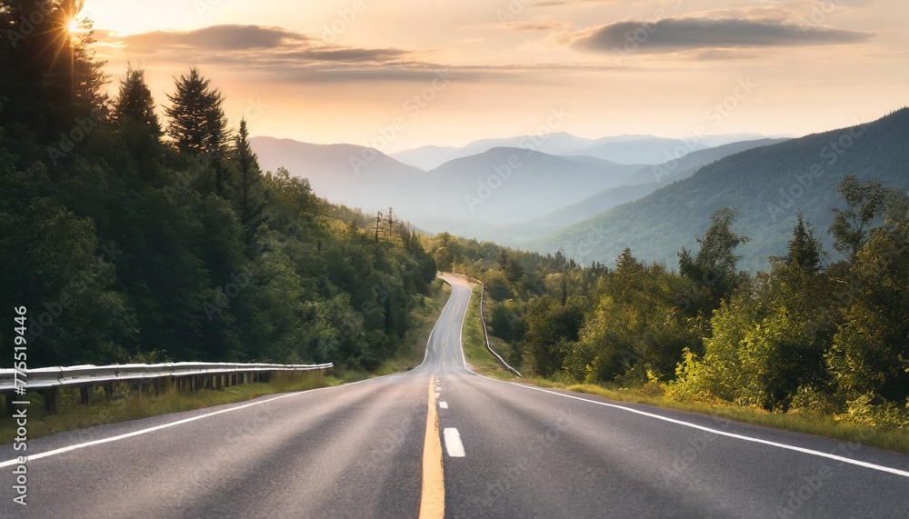 a winding road disappearing into the distance a highway in national park centered stretching all the way to the horizon closeup view beatiful landscape forest mountains ultra detailed