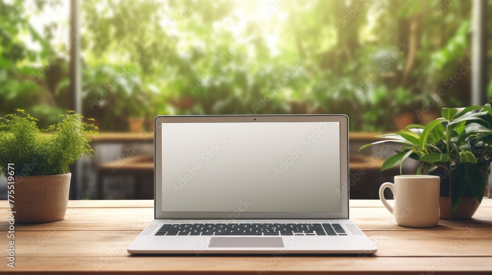 Laptop with blank screen ,Laptop on table at cafe Laptop with blank screen ,Laptop on table at cafe