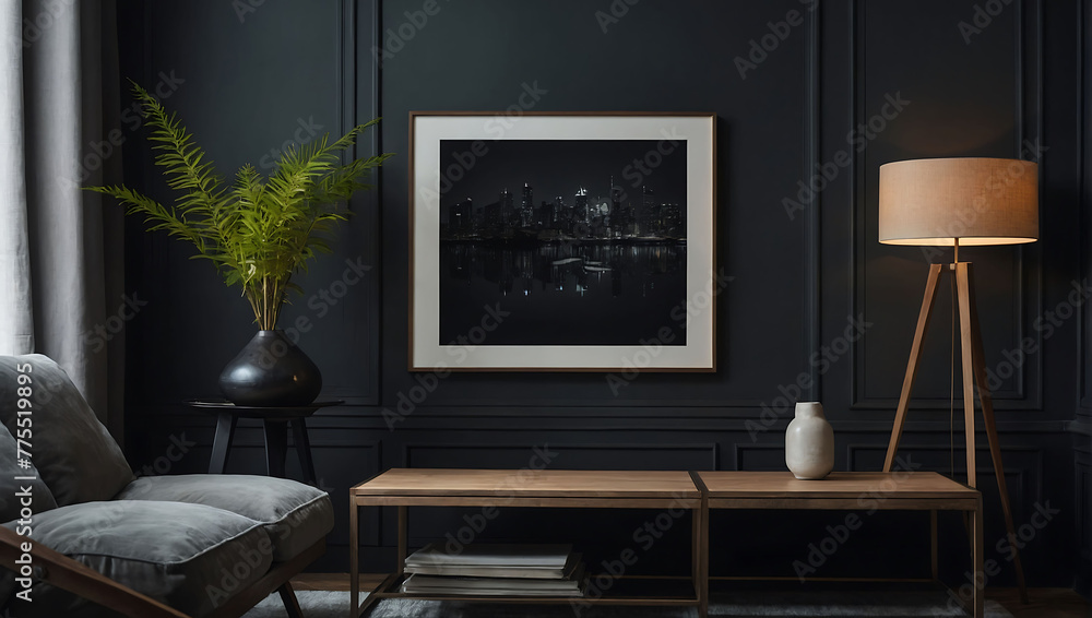 Modern interior of living room with tv on the cabinet on dark blue wall ...