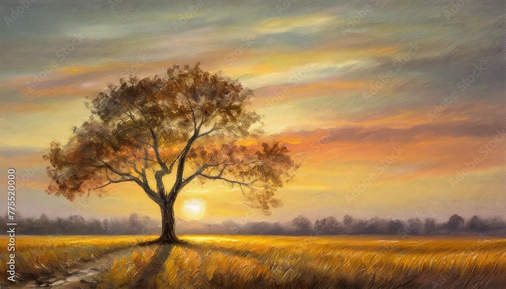 vintage oil painting sunset lonely tree nature landscape