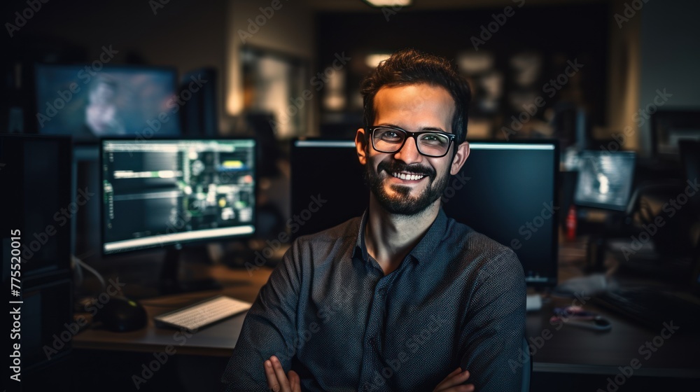 Smiling programmer looking at camera against monitor background. 