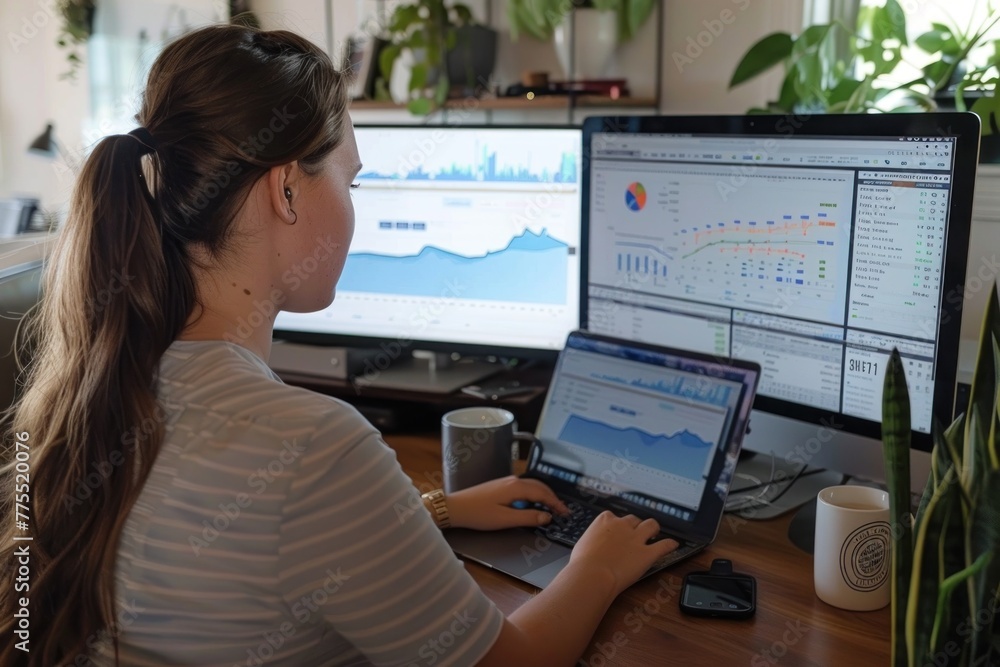 A woman is sitting at a desk with two computer monitors and a laptop. She is working on a project and she is focused A woman is sitting at a desk with two computer monitors and a laptop. She is working on a project and she is focused
