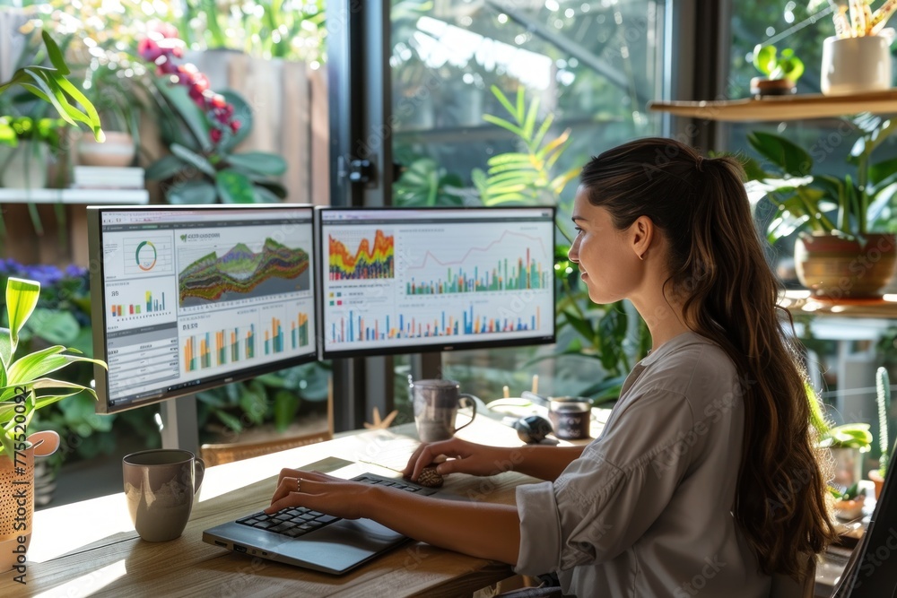 A woman is sitting at a desk with two computer monitors and a laptop. A woman is sitting at a desk with two computer monitors and a laptop.