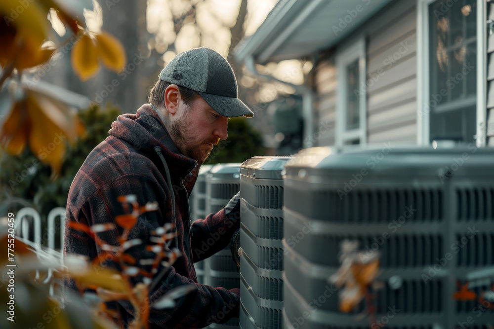 Technician working on air conditioning outdoor unit on hot sunny day. HVAC worker professional occupation. Generative AI Technician working on air conditioning outdoor unit on hot sunny day. HVAC worker professional occupation. Generative AI