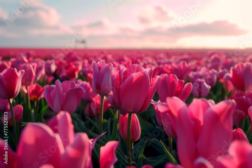 tulip flowers in spring on sunlight flare on the background . generative ai © Phichitpon