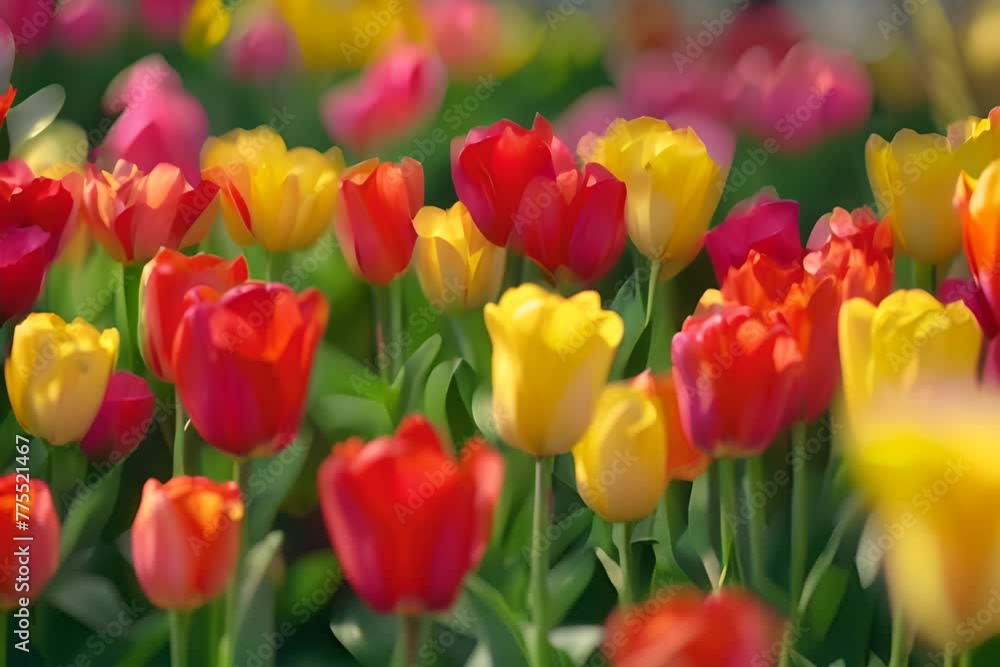 Field of bright tulips in sunlight Field of bright tulips in sunlight