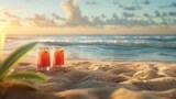 The beach with glasses of juice nestled in the sand and an ocean view in the background, evoking summer relaxation.Summer drink.