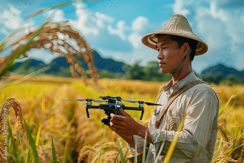An Asian farmer launches a quadcopter over a field.