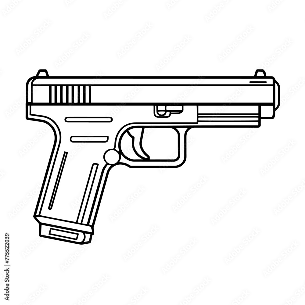 Modern semi-automatic pistol gun outline icon in vector format for firearm designs.