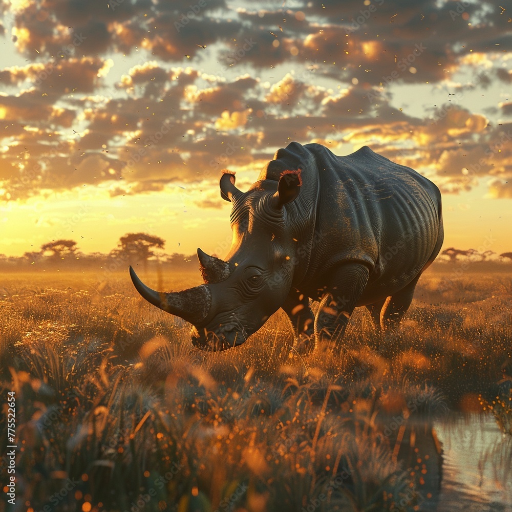 Fototapeta premium Photorealistic image of a lone rhino, wild savannah setting, illuminated by natural light ,3DCG,high resulution