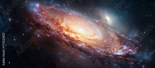 A close up of a spiral galaxy with a bright blue center