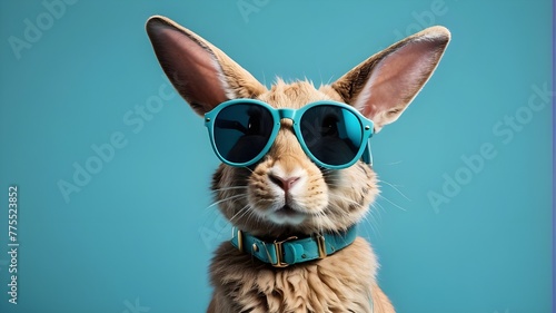 Cartoon Rabbit with Blue Sunglasses, Easter Rabbit in Stylish Shades, Vector Illustration of Cool Rabbit with Sunglasses, Cartoon Hare Rocking Blue Shades, Funky Bunny with Sunglasses for Easter Fun,  photo