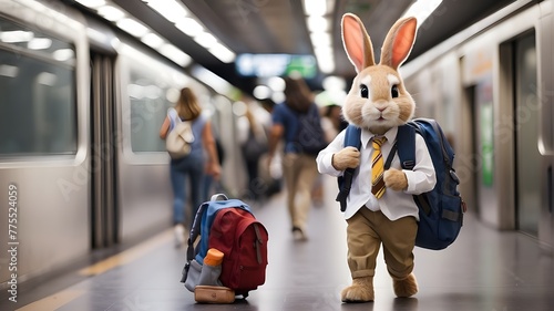 Bunny with School Bag Ready for Adventure, Cute Rabbit with Backpack Boarding the Train, Cartoon Bunny with School Bag Embarking on a Journey, Illustration of Bunny with Backpack Waiting for the Train photo