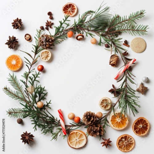 Christmas round frame made of natural winter things. Flat lay.