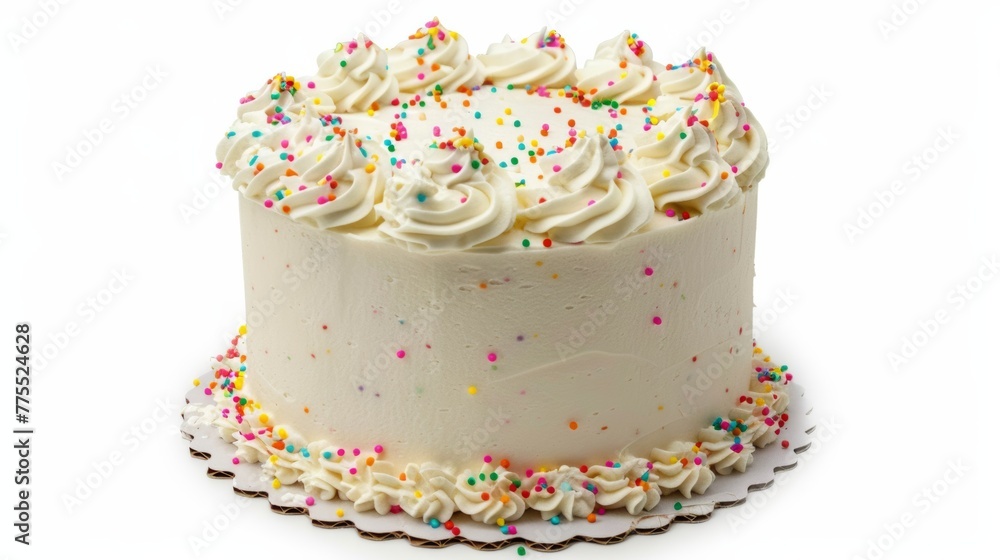 A simple yet elegant single-tier cake with white frosting and colorful sprinkles, isolated on a clean white background A simple yet elegant single-tier cake with white frosting and colorful sprinkles, isolated on a clean white background