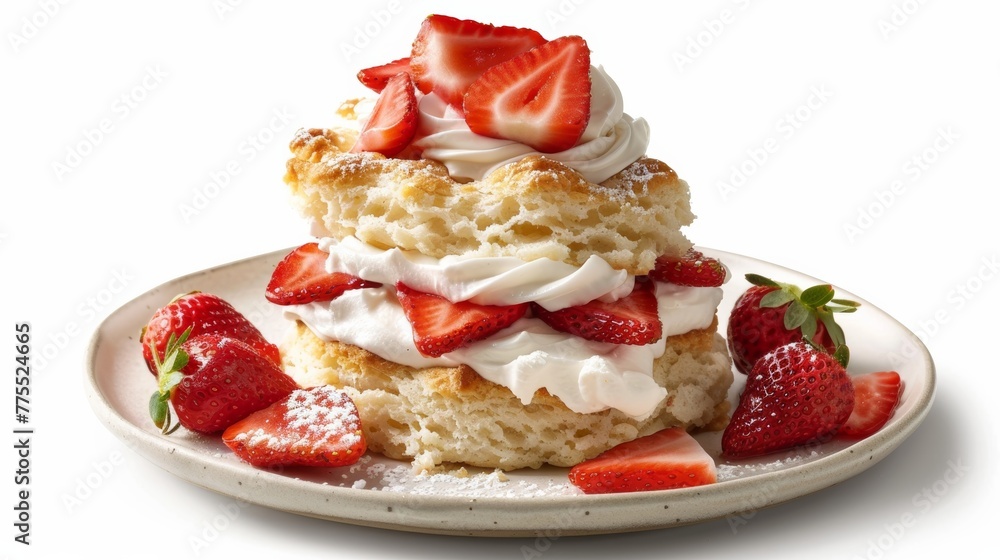A fresh strawberry shortcake with fluffy buttermilk biscuits, layers of whipped cream, and juicy sliced strawberries. Capture the simple beauty of the dessert. A fresh strawberry shortcake with fluffy buttermilk biscuits, layers of whipped cream, and juicy sliced strawberries. Capture the simple beauty of the dessert.