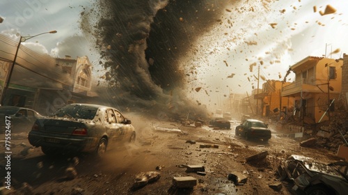 The force of a tornado lifts cars and demolishes buildings leaving behind a trail of destruction in its path.