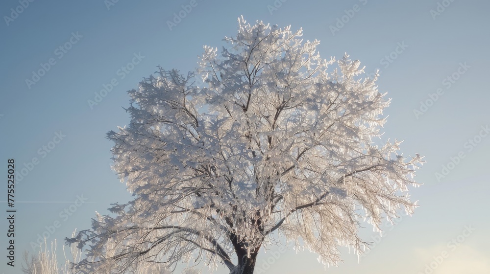 A tall leafless tree stands against a bleak sky its branches enveloped in shards of ice that glimmer in the sunlight. A tall leafless tree stands against a bleak sky its branches enveloped in shards of ice that glimmer in the sunlight.