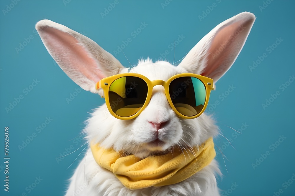 Rabbit Rocking Yellow Sunglasses for Easter Fun, Cartoon Bunny Sporting Stylish Yellow Sunglasses, Cute Rabbit Wearing Yellow Shades for Easter Celebration, Vector Illustration of Bunny with Yellow