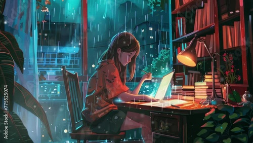 Lofi Girl studying at her desk. Rain ourside, beautiful chill, atmospheric wallpaper. 4K background. lo-fi, hip-hop style. Anime manga style. Lofi photo