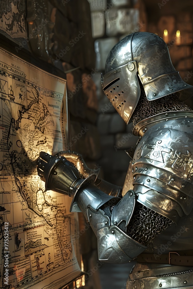Naklejka premium Medieval Knight Analyzing Financial Territory Map for Strategic Conquest