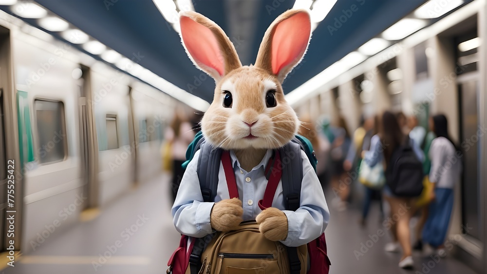Bunny with School Bag Ready for Adventure, Cute Rabbit with Backpack Boarding the Train, Cartoon Bunny with School Bag Embarking on a Journey, Illustration of Bunny with Backpack Waiting for the Train - obrazy, fototapety, plakaty 