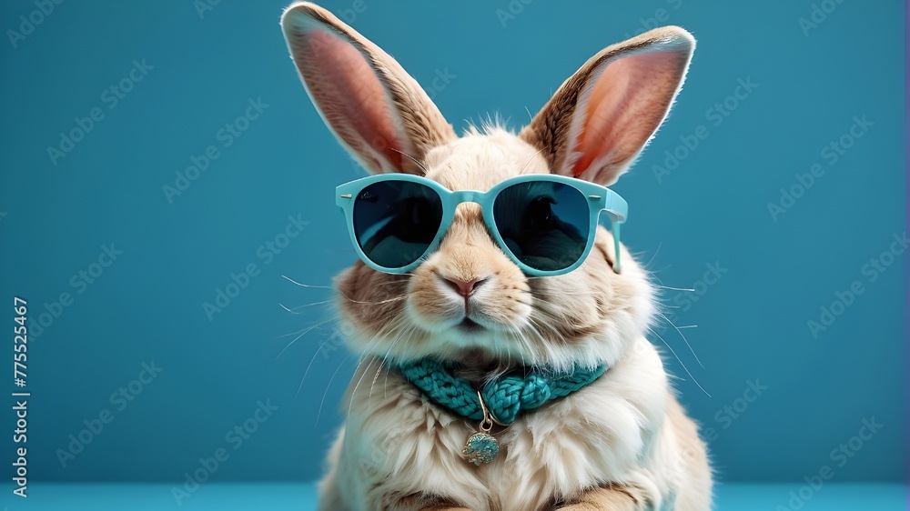 Cartoon Rabbit with Blue Sunglasses, Easter Rabbit in Stylish Shades, Vector Illustration of Cool Rabbit with Sunglasses, Cartoon Hare Rocking Blue Shades, Funky Bunny with Sunglasses for Easter Fun, 