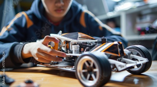 A close-up view shows a student holding a DIY robot car
