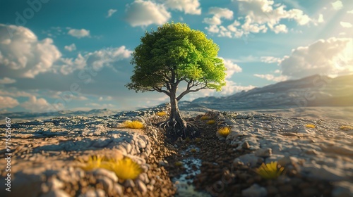 Make a realistic and breathtaking image where left half represents a dry and barren land end the right half represents green nature and prosperity In the middle theres a tree that looks different in e photo