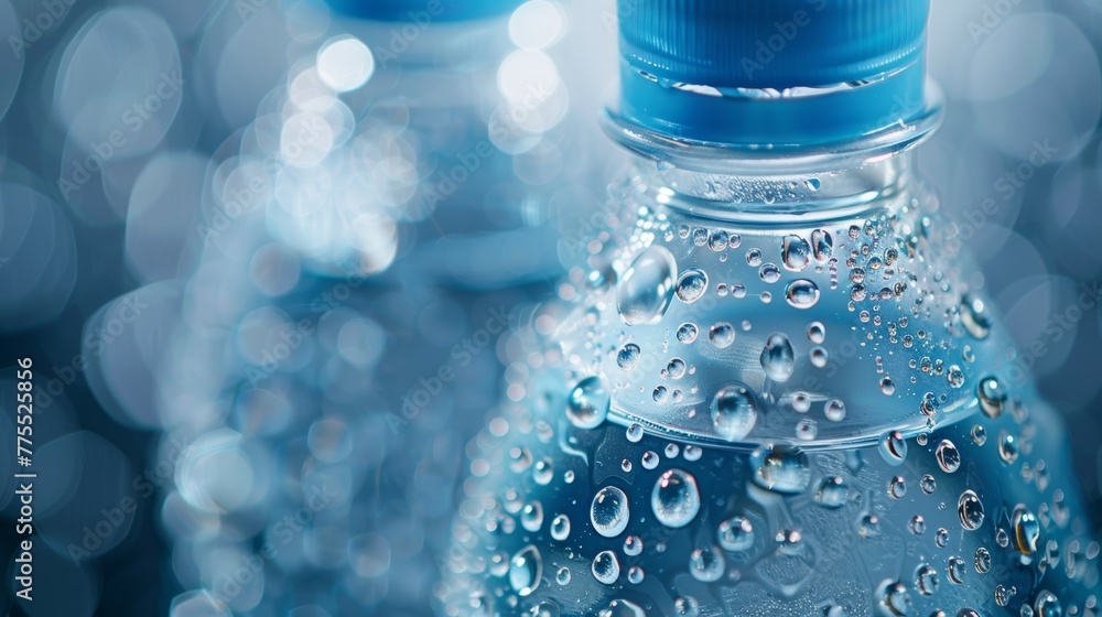 Condensation droplets forming on a water bottle, creating a refreshing visual Condensation droplets forming on a water bottle, creating a refreshing visual