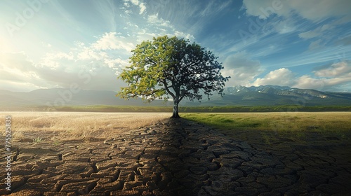 Make a realistic and breathtaking image where left half represents a dry and barren land end the right half represents green nature and prosperity In the middle theres a tree that looks different in e