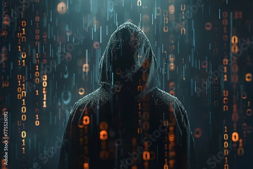 Image of a man in a hoodie, with a background of binary numbers, providing ample copy space, conveying the concept of a hacker in the digital world.