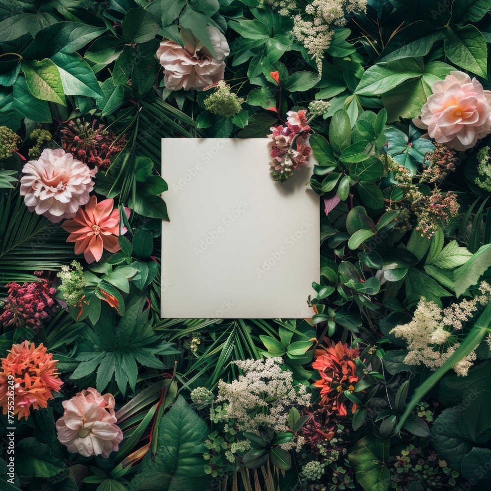 Layout made of flowers and leaves with paper card note. Flat lay. Nature concept Layout made of flowers and leaves with paper card note. Flat lay. Nature concept