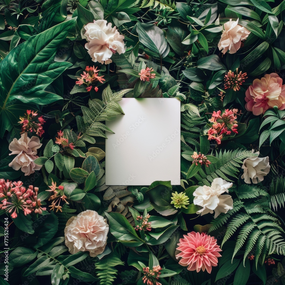 Layout made of flowers and leaves with paper card note. Flat lay. Nature concept Layout made of flowers and leaves with paper card note. Flat lay. Nature concept