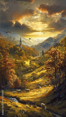 A beautiful landscape painting of an autumn valley with trees, grazing sheep and birds in the sky A small church is visible on top of one hill in the distance A stream flows through it Golden sunset