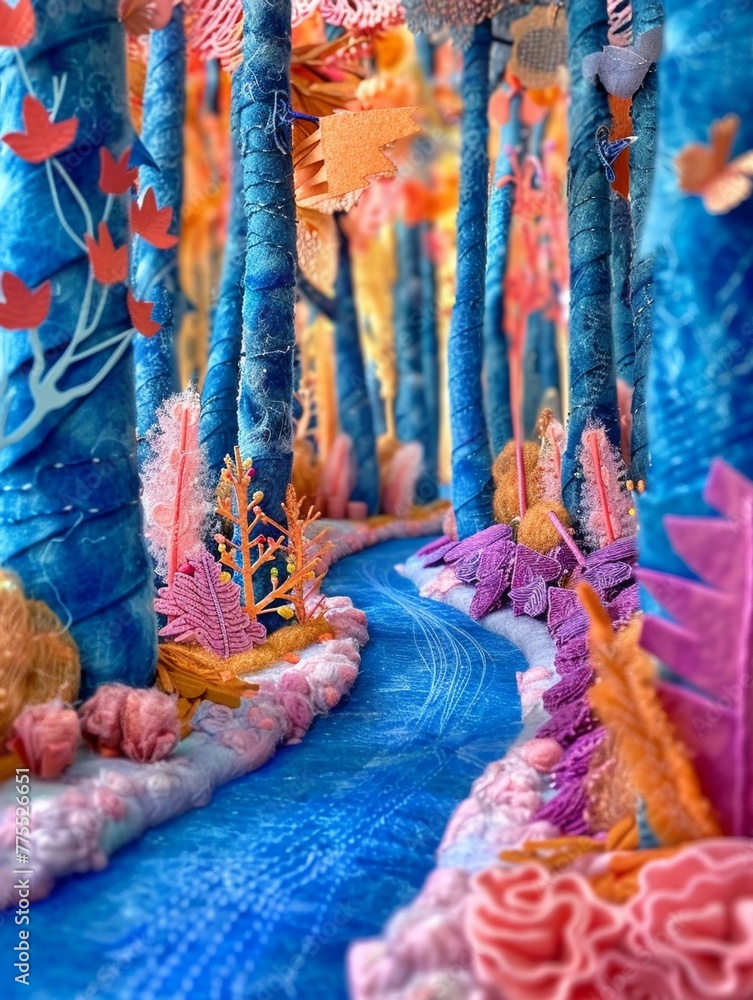 Fototapeta premium A blue road leading through an enchanted forest made of colorful paper and felt, with tall trees covered in pink and orange leaves The scene includes creatures like pastel colored fairies flying