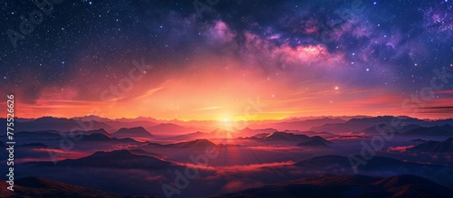 A sunset over the mountains with stars and clouds
