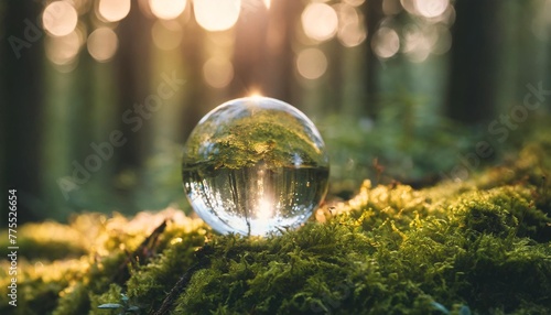 crystal ball on moss in green forest environment concept ecology and sustainable environment of the world