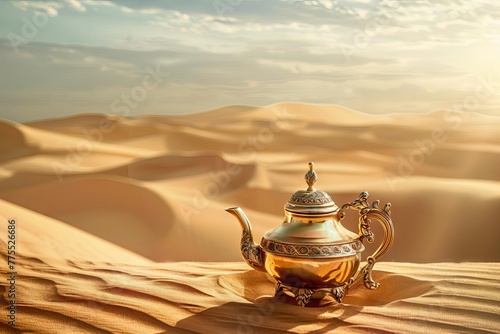 Antique Oriental gold teapot in vast desert sand dunes, surreal still life concept